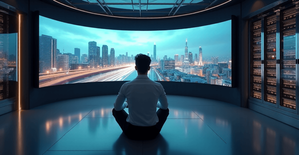 "A high-tech control room featuring a young professional gazing at an AI-driven cityscape with rows of humming servers in the background."