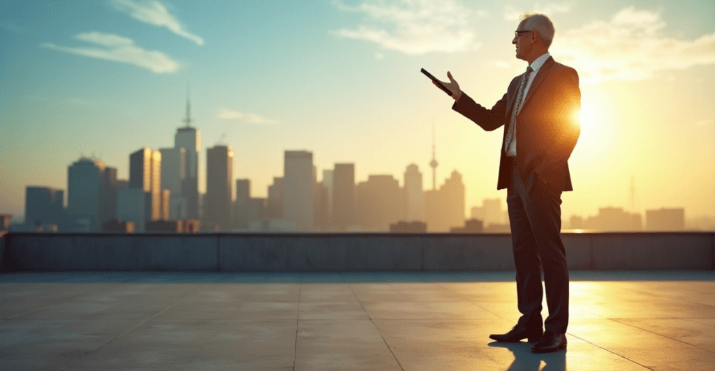 "A senior business leader stands confidently outdoors on a rooftop, gesturing towards the horizon with one hand while holding a tablet device in the other, exuding professionalism and poise amidst a cityscape bathed in golden hour light."
