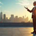 "A senior business leader stands confidently outdoors on a rooftop, gesturing towards the horizon with one hand while holding a tablet device in the other, exuding professionalism and poise amidst a cityscape bathed in golden hour light."