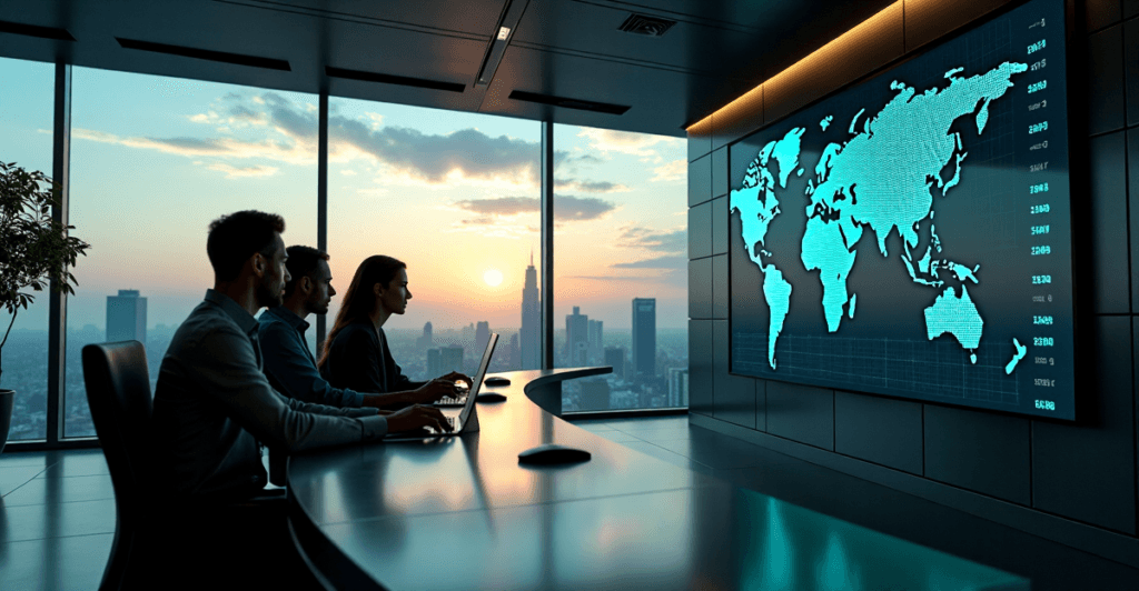 "A high-tech control room with a large curved screen displaying real-time customer behavior data; professionals analyze predictive insights amidst humming servers and soft LED lighting."