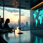 "A high-tech control room with a large curved screen displaying real-time customer behavior data; professionals analyze predictive insights amidst humming servers and soft LED lighting."