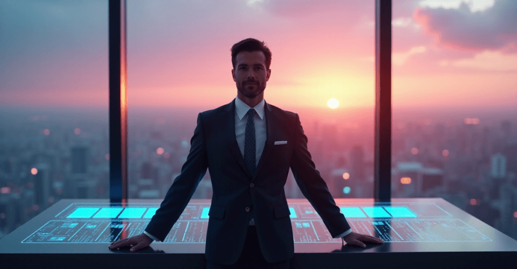 "A professional expert in AI-driven process automation stands confidently in a modern control room with a panoramic cityscape view at sunrise."