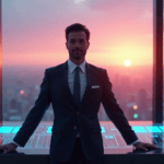 "A professional expert in AI-driven process automation stands confidently in a modern control room with a panoramic cityscape view at sunrise."