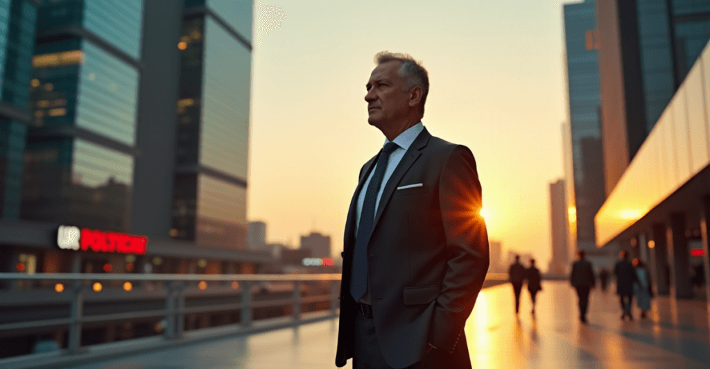 "A senior business leader stands confidently outdoors in a modern cityscape at golden hour, exuding determination and focus."