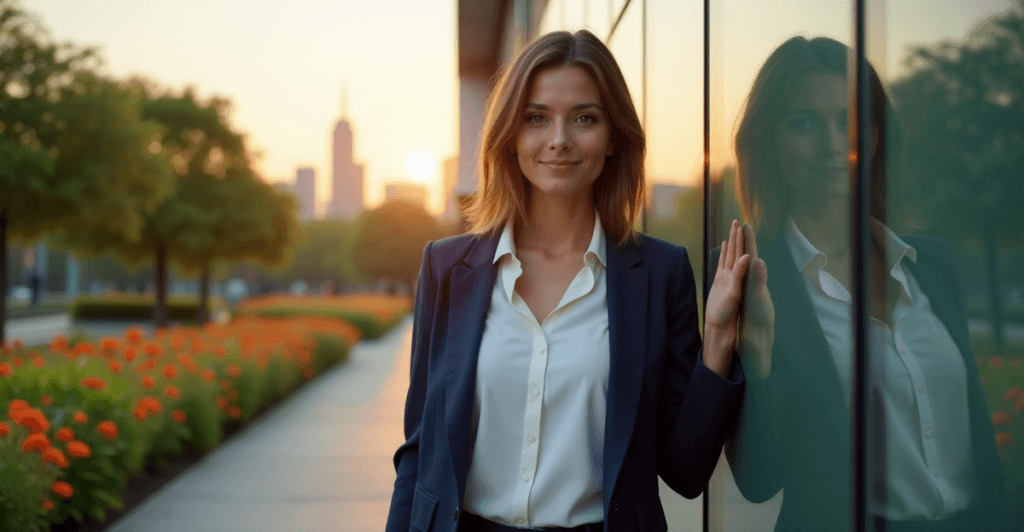 "A nonprofit professional stands confidently against a city skyline, conveying determination and focus, with AI automation skills supporting her urban growth endeavors."