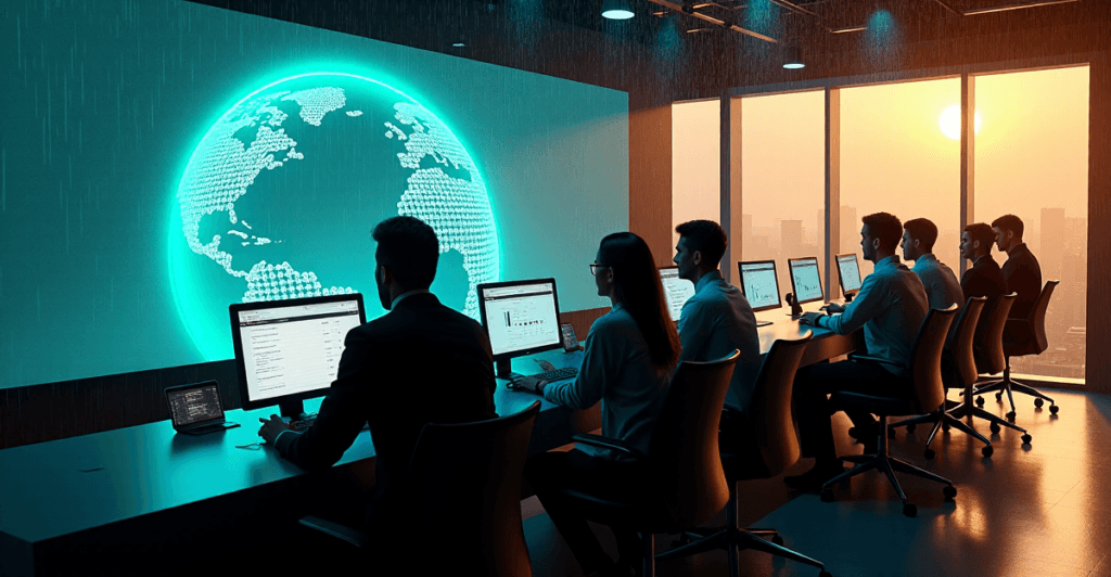 "A team of professionals in a high-tech control room analyze customer behavior patterns using AI-driven analytics software and a 3D globe-like visualization."