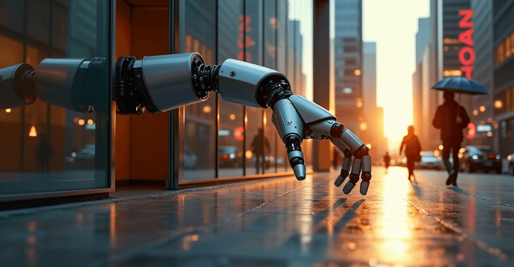 "A sleek robotic arm emerges from a corporate office building at dusk, highlighting AI automation skills in a modern business district."