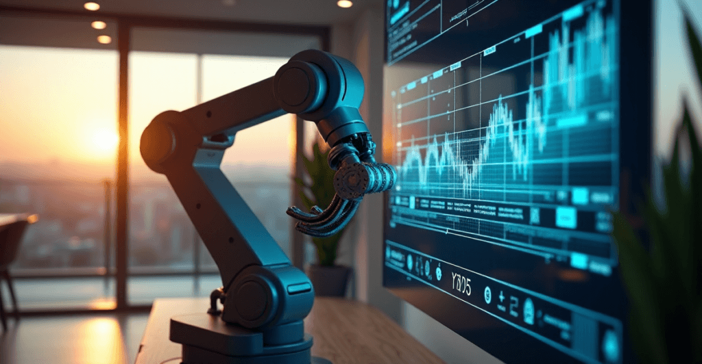 "A highly advanced robotic arm in a modern office environment at dusk, showcasing AI automation skills through precise mechanical manipulation of gears and levers."
