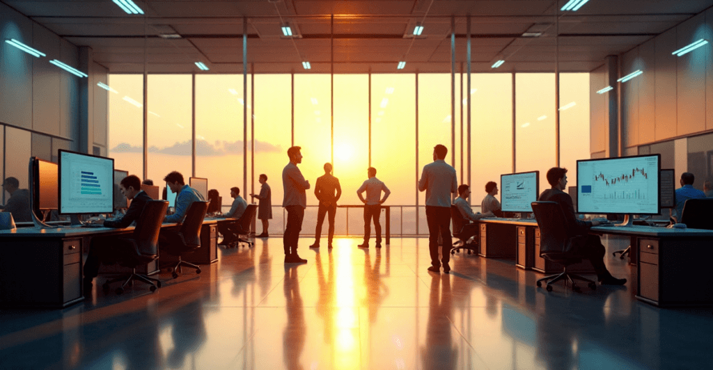 "A futuristic corporate office scene featuring an AI-powered data analytics system at its center, surrounded by employees with AI automation skills in a collaborative work environment."