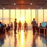 "A futuristic corporate office scene featuring an AI-powered data analytics system at its center, surrounded by employees with AI automation skills in a collaborative work environment."