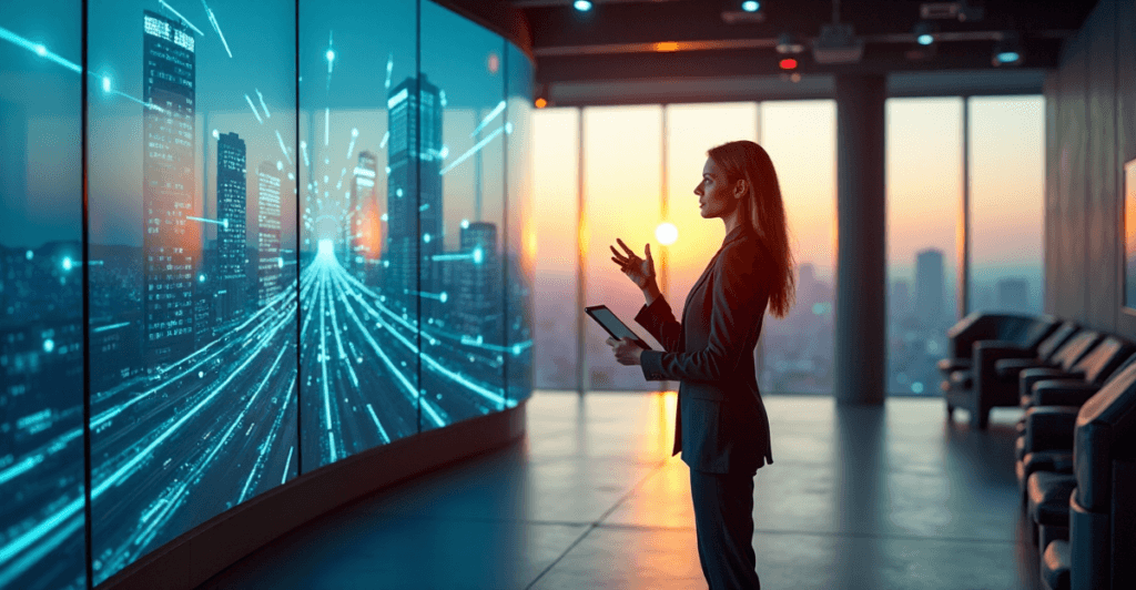 "A business executive stands confidently in a high-tech control room with AI automation systems visualized on a futuristic cityscape."