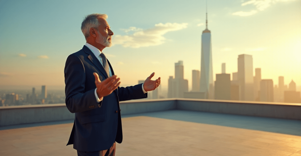 "A senior business leader stands confidently outdoors on a rooftop, gazing out at the horizon with determination and forward-thinking vision."