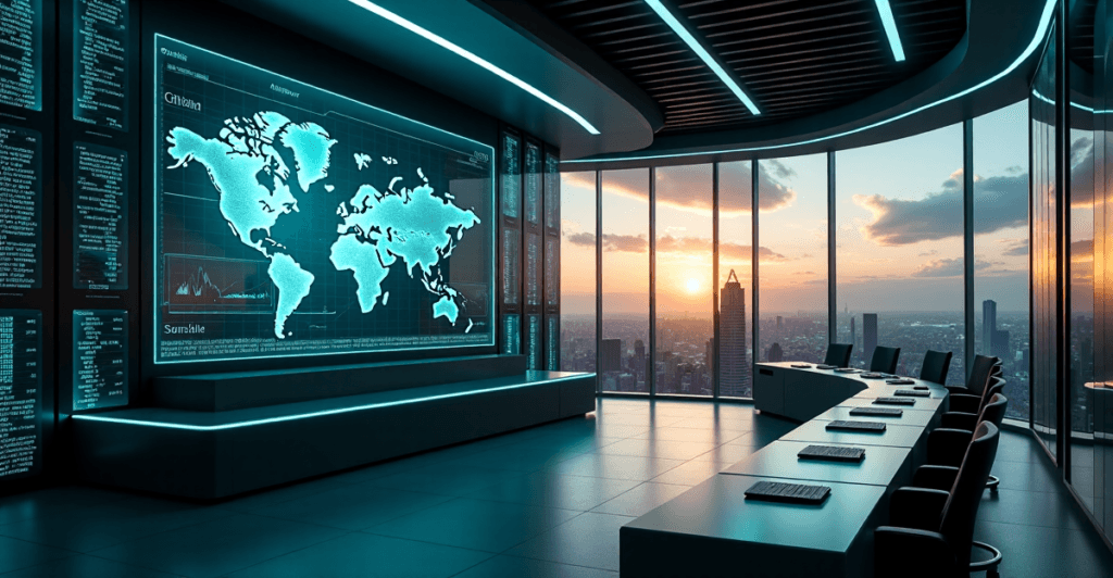 "A futuristic control room with AI-driven automation systems and a large curved screen displaying real-time business trends, showcasing expertise in AI Automation Skills."