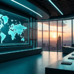 "A futuristic control room with AI-driven automation systems and a large curved screen displaying real-time business trends, showcasing expertise in AI Automation Skills."