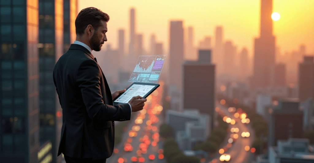 "A business consultant stands confidently in front of a cityscape at golden hour, holding a tablet with AI-inspired data visualizations."