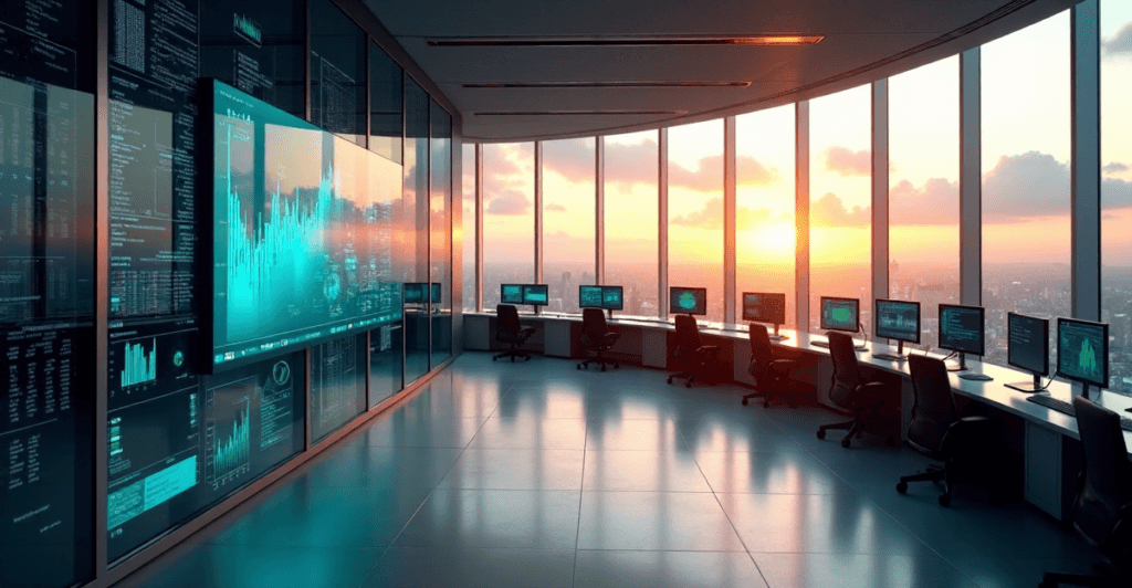 "A high-tech data analytics center with a large curved screen displaying real-time market analysis graph, surrounded by humming servers and computer workstations showcasing various data visualizations."