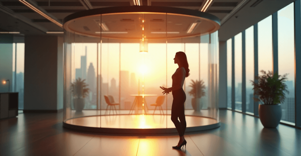 "A woman stands confidently in a modern office, gazing out at an AI-powered automation system with determination and optimism."