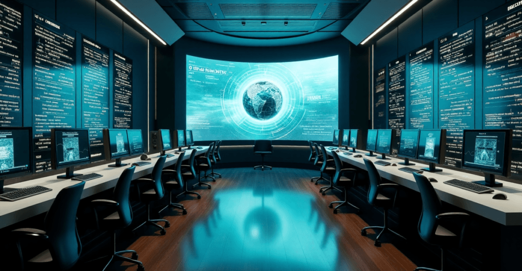 "A futuristic control room featuring a curved screen displaying real-time data analytics, surrounded by humming servers and AI-powered workstations in a sleek, high-tech environment."