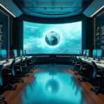 "A futuristic control room featuring a curved screen displaying real-time data analytics, surrounded by humming servers and AI-powered workstations in a sleek, high-tech environment."