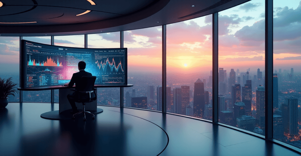 "A data analyst sits in a high-tech center, intensely studying AI-driven market trends on a curved screen with precision and strategic thinking."