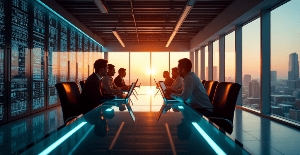 "A high-tech data center scene featuring professionals collaborating around a central conference table, utilizing AI-powered analytics workstations and data visualizations to drive market research with AI automation skills."