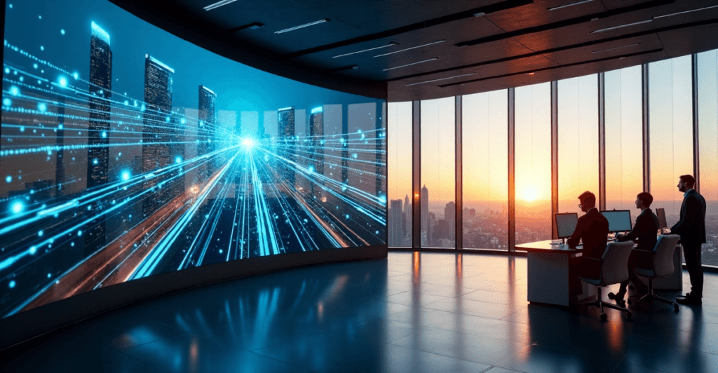"A high-tech control room featuring a futuristic cityscape on a curved screen, with AI automation skills represented through interconnected blue lines and nodes."