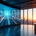 "A high-tech control room featuring a futuristic cityscape on a curved screen, with AI automation skills represented through interconnected blue lines and nodes."