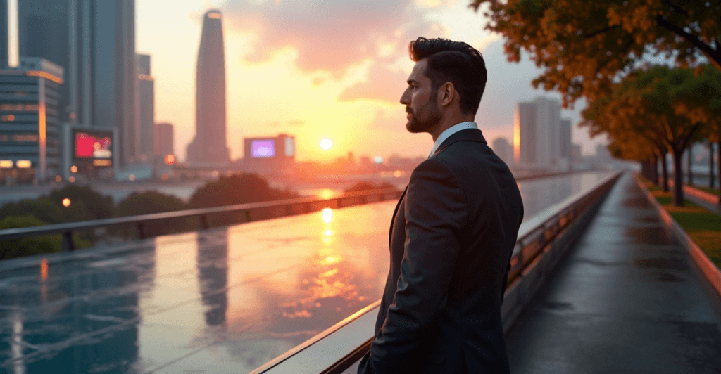 "A business leader stands confidently in a futuristic cityscape, exuding authority with AI automation skills at their fingertips."
