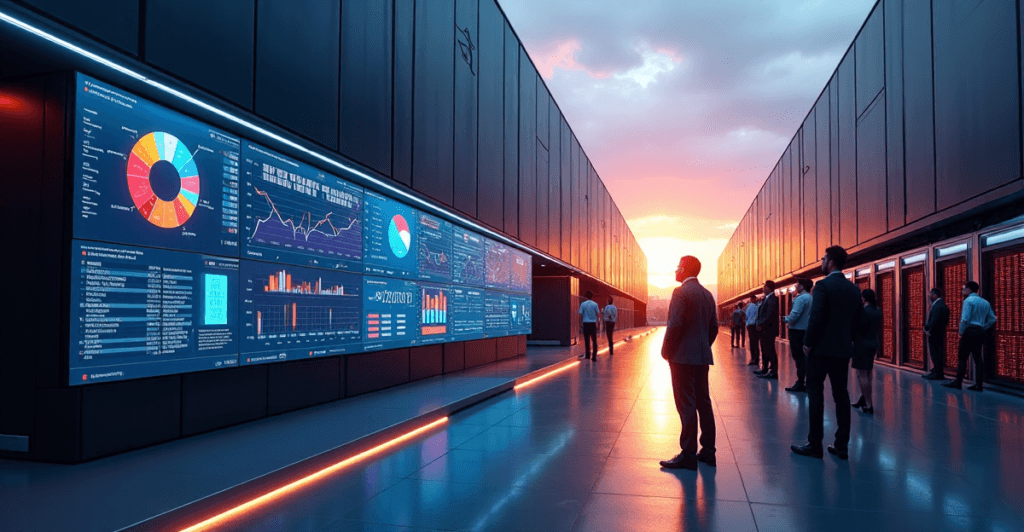 "A futuristic AI-powered supply chain management system's control center at dusk, showcasing AI automation skills in a modern industrial complex."