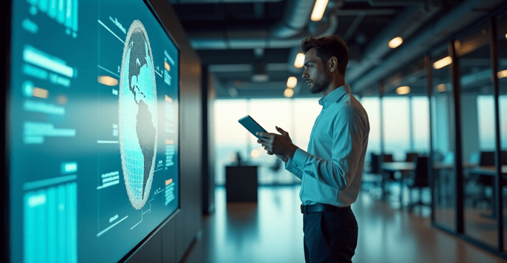 "A young professional studies AI-driven customer data insights on a large curved screen in a high-tech control room, surrounded by humming servers and automation systems."