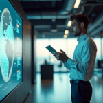 "A young professional studies AI-driven customer data insights on a large curved screen in a high-tech control room, surrounded by humming servers and automation systems."