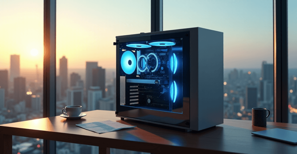 "A high-performance computer system on a minimalist desk in a modern office, showcasing intricate circuitry and AI automation skills with a cityscape view."