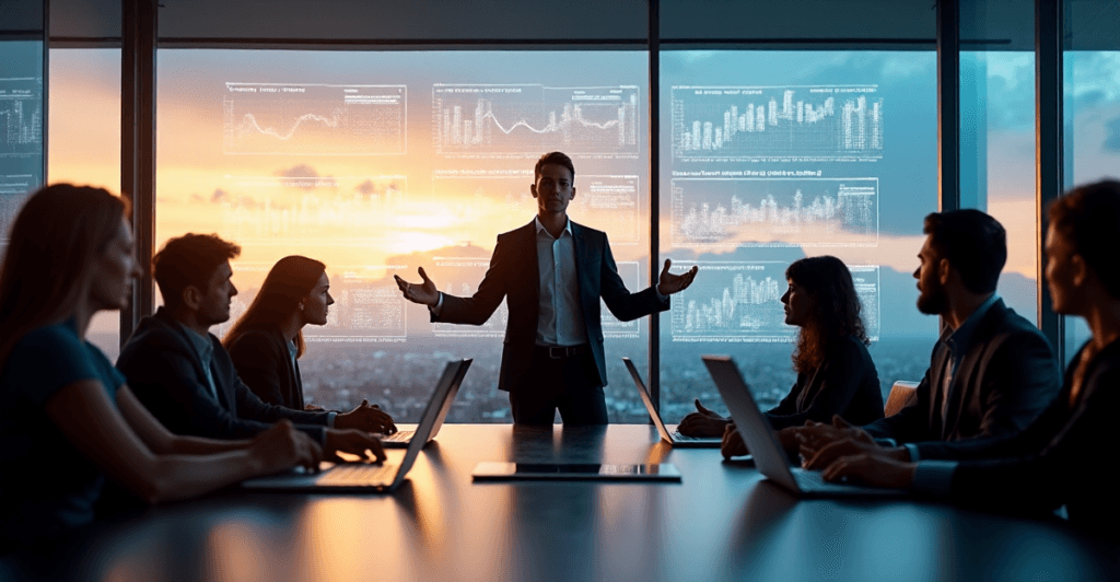 "A young executive presents data analytics insights to colleagues in a high-tech conference room with AI-driven digital display and cityscape view at sunrise."