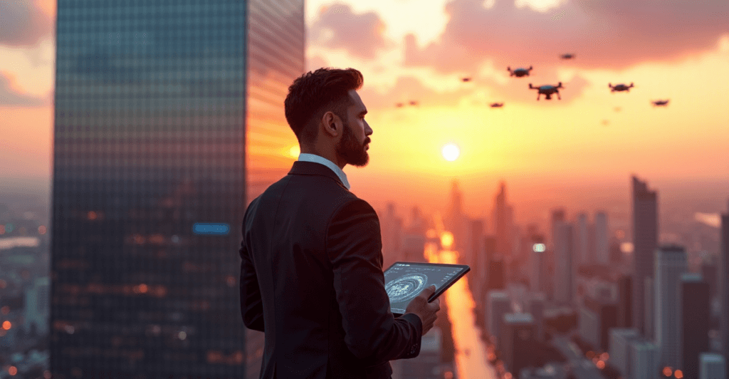 "A business executive stands confidently in front of a sleek skyscraper at sunset, reflecting vibrant city colors; AI-inspired suit and holographic tablet convey determination and focus."