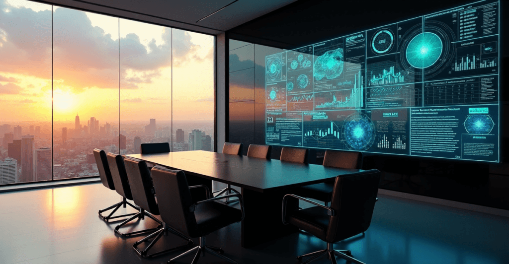"A futuristic business conference room featuring an AI-powered predictive analytics dashboard with interactive data visualizations and real-time market trends, showcasing AI automation skills in action."