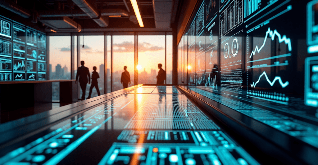 "A modern data center featuring AI-powered workstations, digital screens displaying market trends, and a central console with futuristic interface, highlighting cutting-edge technology and strategic advantage in data-driven market research."