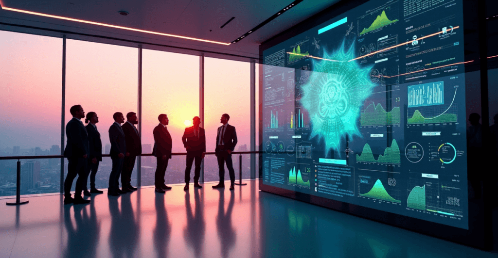 "A team of professionals in a futuristic conference room discuss AI-driven analytics dashboard displaying real-time business metrics amidst a cityscape sunrise."