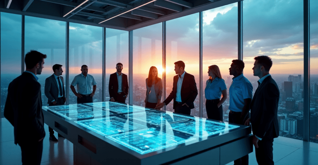 "A futuristic corporate office scene featuring a diverse team collaborating around an AI-powered automation console amidst a cityscape at dusk."