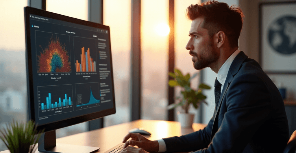 "A business professional studies a data visualization graph on a touchscreen monitor in a modern office with floor-to-ceiling windows, highlighting AI automation skills."