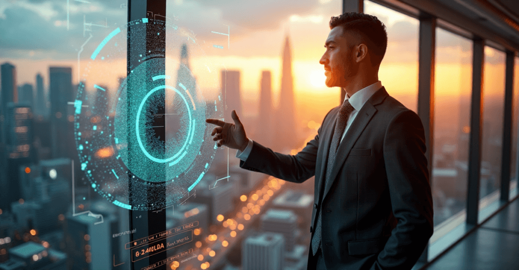 "A business leader stands confidently in front of a cityscape, gesturing towards an AI-driven data analytics display with vibrant colors and intricate patterns."