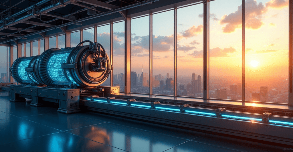 "An AI-powered automation system in a modern industrial facility with sleek machinery and cityscape view at sunrise."
