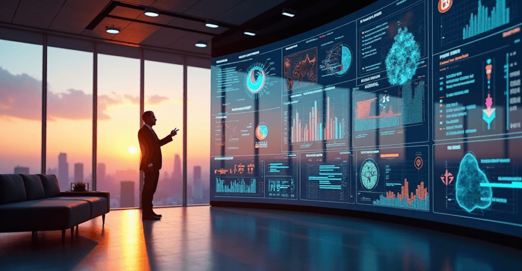 "A high-tech data analytics center with a lone figure analyzing AI-generated charts on a curved screen amidst a cityscape at dusk."