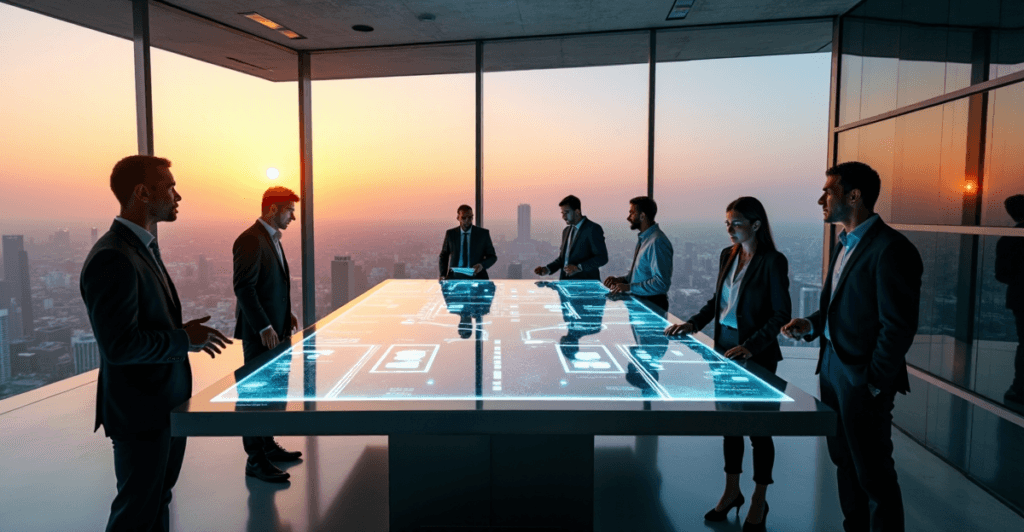 "A group of diverse professionals interact with an AI-powered process automation console in a futuristic office space."