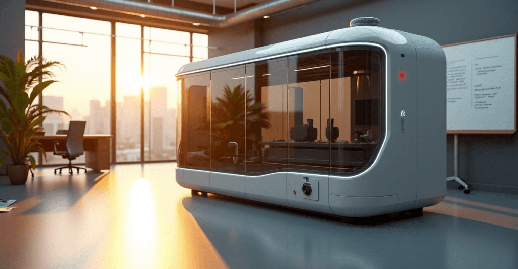 "A modern office space featuring an AI-powered process automation system with sleek machinery and transparent panels, showcasing mastery and efficiency through AI Automation Skills."