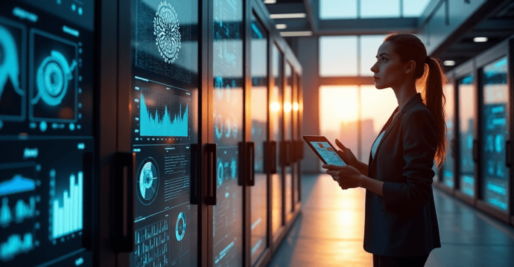 "A young business professional stands confidently in front of a digital screen displaying data visualizations and predictive models, highlighting her AI automation skills."