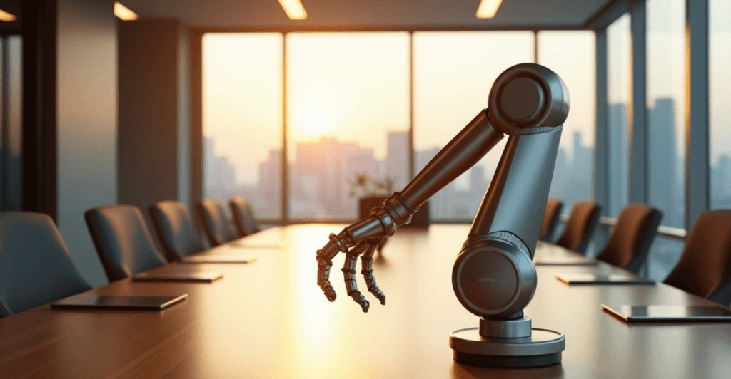 "A sleek robotic arm with AI brain module on a high-tech conference table amidst modern office environment, showcasing cutting-edge innovation and AI automation skills."