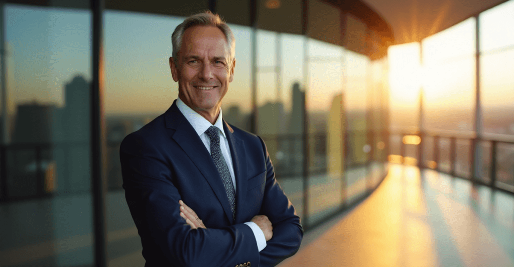 "A senior executive stands confidently in front of a modern glass wall with a city skyline behind them, exuding professionalism and AI automation skills expertise."
