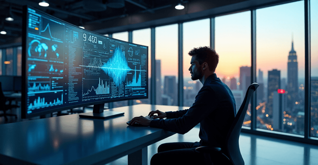 "A data analyst sits intently in front of a curved screen displaying real-time market trends, surrounded by humming servers and state-of-the-art equipment, showcasing AI automation skills."