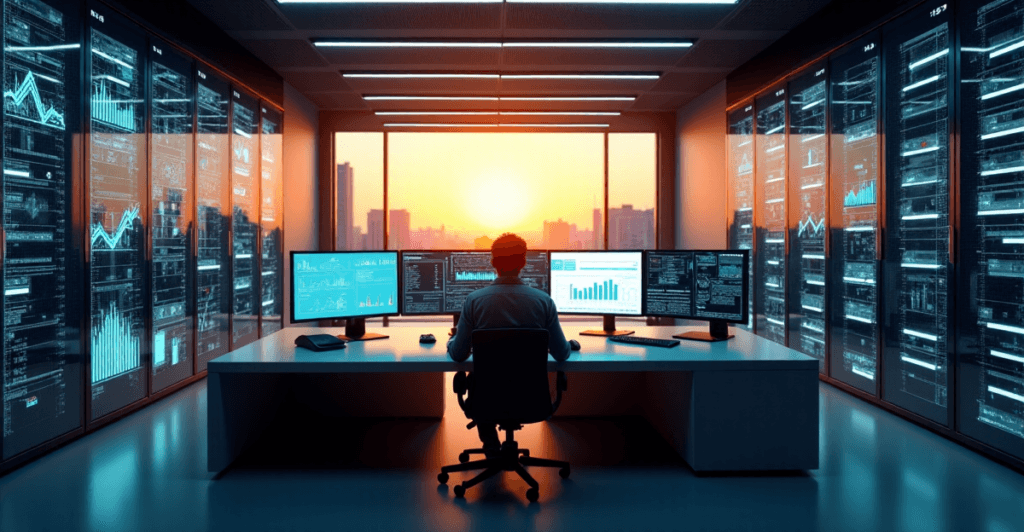 "A high-tech data center scene featuring a lone researcher intensely analyzing real-time data feeds on multiple computer monitors with AI automation skills driving market research excellence."