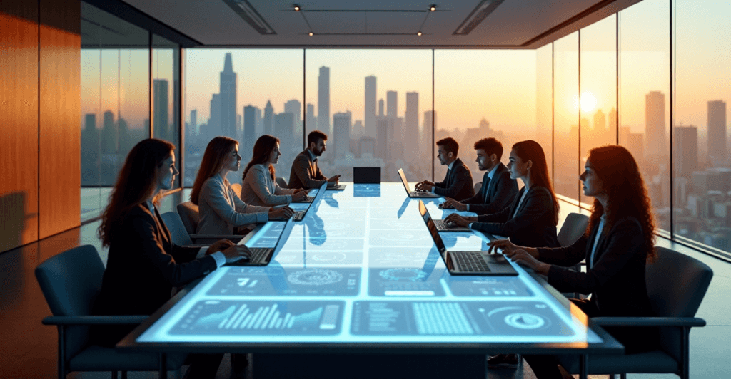 "A group of business professionals collaborate around an AI-powered predictive analytics dashboard in a modern conference room with cityscape views."